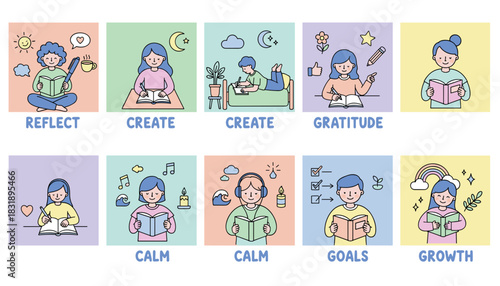 A grid illustrating 10 concepts for mindfulness journaling selfcare and personal growth routines