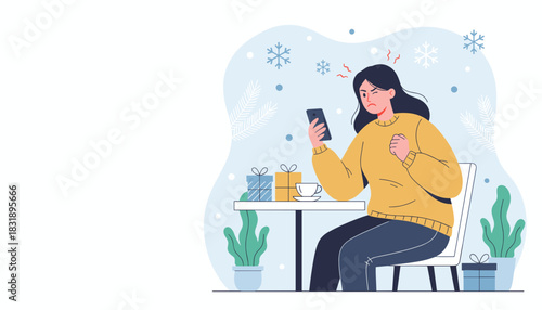 Angry woman reads bad news on her smartphone frustrated by stressful winter holidays