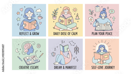 Set of 6 illustrations depicting selfcare reading and journaling for mental health and reflection