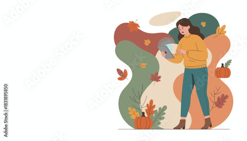 Woman feels anxious looking at tablet screen amidst fall leaves and pumpkins Digital stress concept