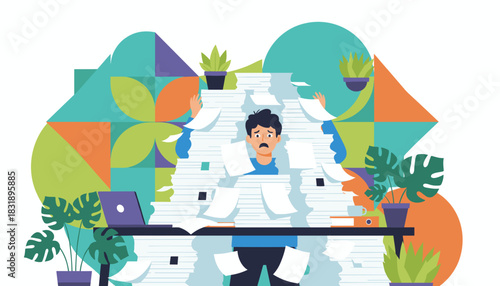 Overwhelmed businessman buried in paperwork Deadline stress bureaucracy and office chaos