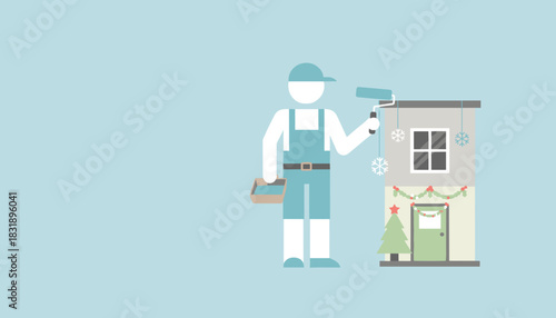 Flat design illustration of a maintenance worker decorating a house for Christmas