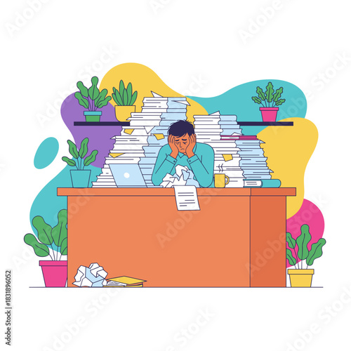 Overwhelmed employee buried in huge stacks of paperwork symbolizing work stress and deadline pressure