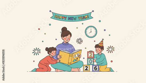 Family celebrating New Year with reading and building blocks wishing for 2026