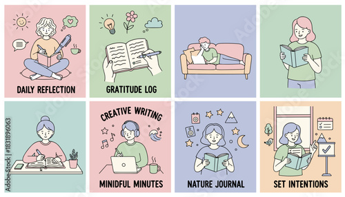 Cute vector illustrations for mindful habits journaling reflection gratitude and personal development