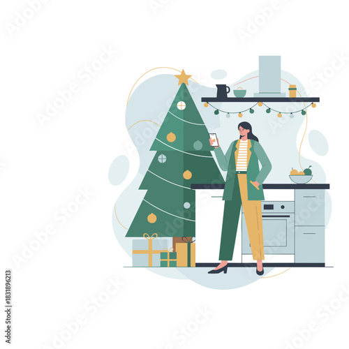 Woman checks her phone in a festive kitchen next to a decorated Christmas tree and gifts