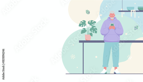 Relaxed senior man uses smartphone at home Flat vector illustration for technology and lifestyle