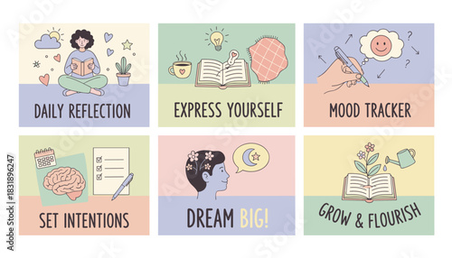 Selfcare and personal development concept illustrations reflection mood tracking and intention setting