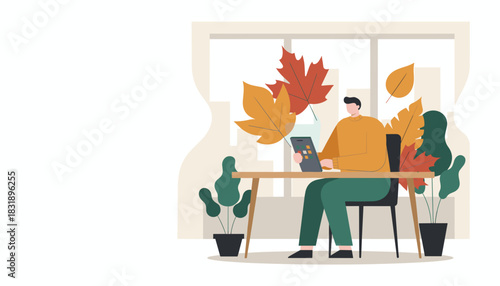 Man working remotely on a tablet in a cozy autumnthemed home office