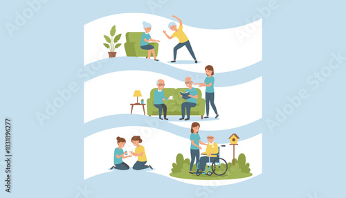 Happy seniors receiving professional care and assistance Elderly life health exercise and companionship