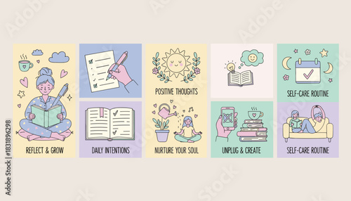 Cute selfcare routine icons journaling mindfulness relaxation and mental wellness activities
