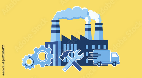 Flat icon illustration of factory production maintenance and logistics system