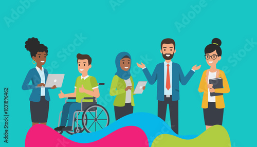 Diverse business professionals collaborating promoting inclusion and teamwork in a flat design illustration
