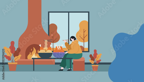 Enjoying warm food by the fireplace Cozy indoor autumn or winter dining concept