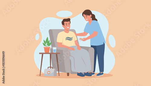 Healthcare professional giving medication to a smiling patient during home recovery Care and support
