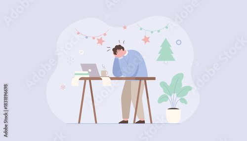 Man stressed working at laptop during the holidays Burnout overwhelming deadlines and mental health