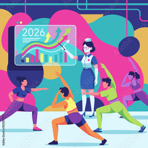 A futuristic nurse presents 2026 growth statistics to athletes during a colorful exercise class