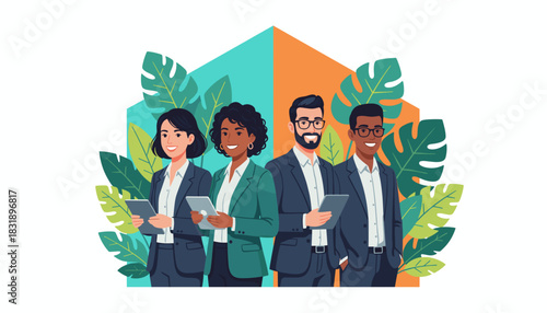 Smiling diverse business professionals holding tablets among lush leaves Teamwork concept