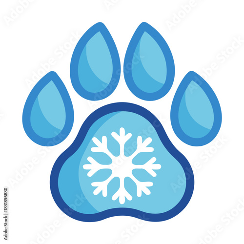 Illustration of a paw print with blue pads and a snowflake inside the main pad design element image | ai generated svg