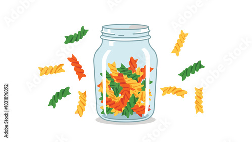 Vibrant tri-color rotini pasta in a glass jar perfect for healthy eating recipe content or a colorful kitchen design project