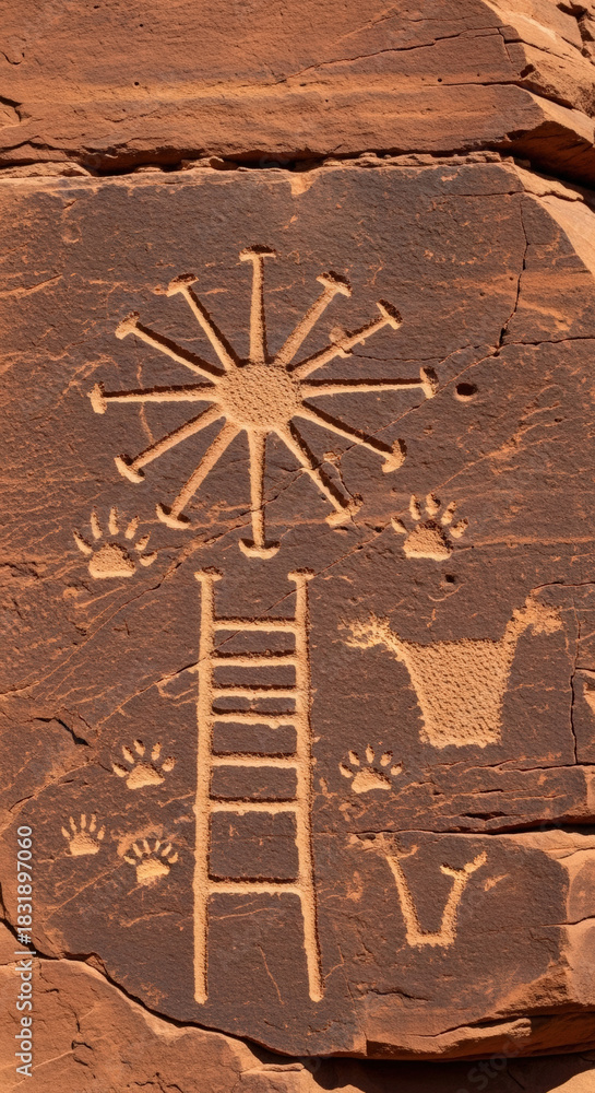 Fototapeta premium Sandstone petroglyph depicting ancient symbols including a star shape, ladder, and animal tracks. Concept of cultural heritage, meaning of ancient rituals, and depiction of indigenous histories.