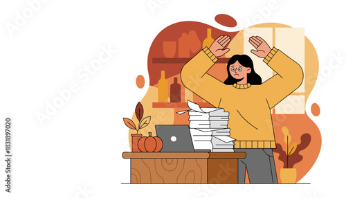 Woman stressed by huge paper stack and office deadlines experiencing work burnout