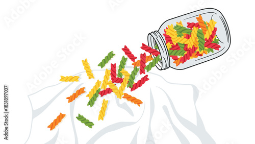Cheerful pasta spilling from a jar onto a cloth, ready for a delicious colorful meal with family and friends, great for meal prep