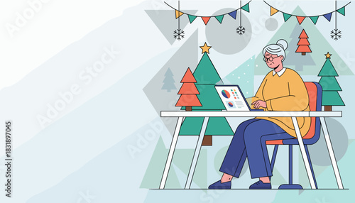 Elderly businesswoman working remotely on finance reports during the Christmas holiday season