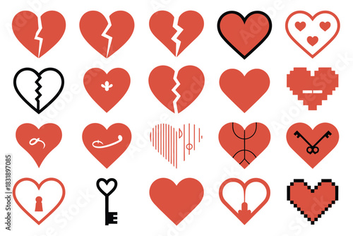 Collection of red heart icons with various designs