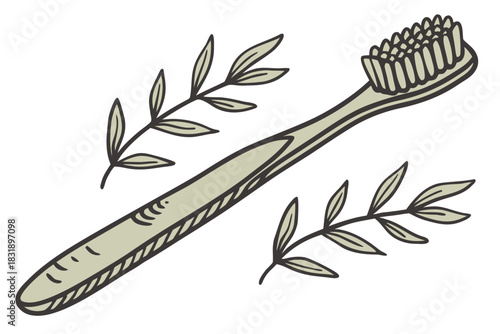 Eco-friendly toothbrush illustration with leaf: a minimalist illustration of a sustainable toothbrush, adorned with delicate sprigs, embodying eco-conscious oral hygiene and natural well-being.