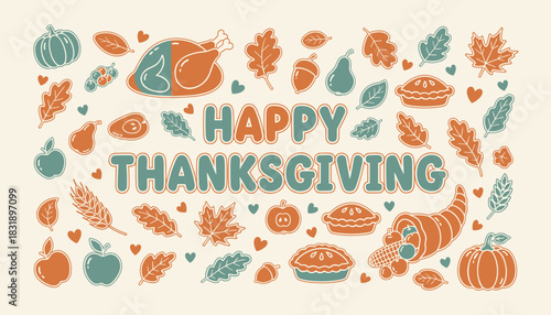 Retro Happy Thanksgiving banner design with fall harvest symbols turkey and pie