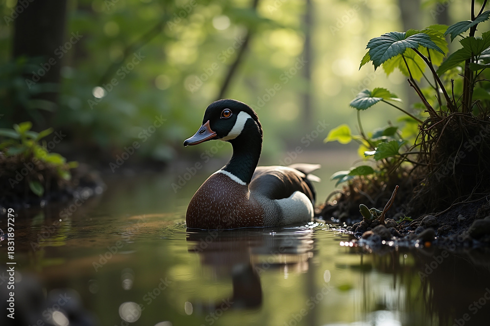 Obraz premium Male wood duck swimming in tranquil forest pond during daylight 
