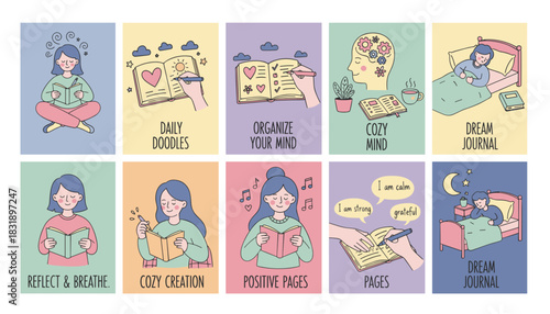 Set of vector illustrations depicting selfcare journaling reading and mental wellness routines