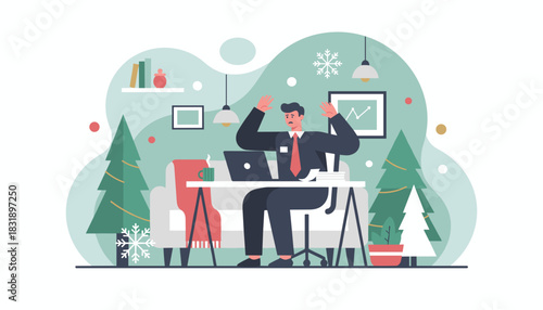 Frustrated man working on his laptop amidst festive winter decorations and deadlines