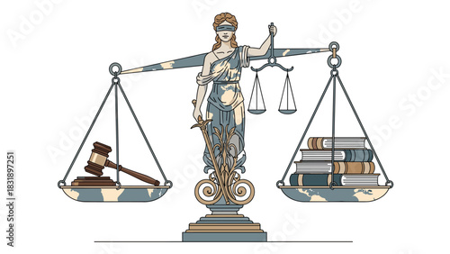 Elegant illustration of Lady Justice balancing scales with books and gavel promoting law and order in the modern world