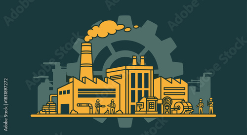 Flat vector illustration of a factory building with workers machinery and chimney smoke symbolizing industry