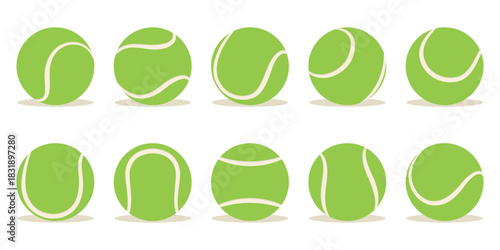 Set of different green tennis balls. Flat vector illustration isolated on a white background.