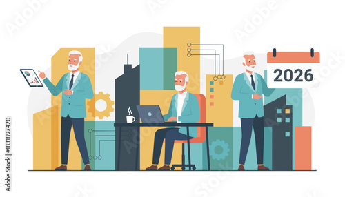 Senior businessman planning future strategy 2026 using technology and data analysis