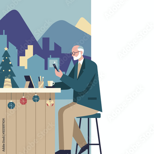 Senior businessman using smartphone at a holidaydecorated desk with city skyline background
