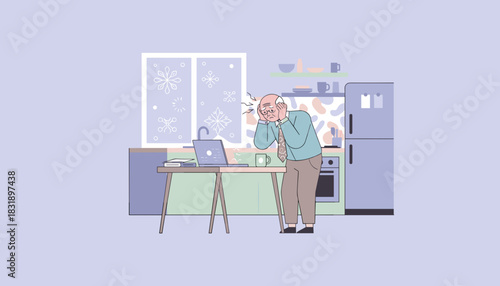 Elderly man overwhelmed by remote work stress experiencing a painful headache while using a laptop at home