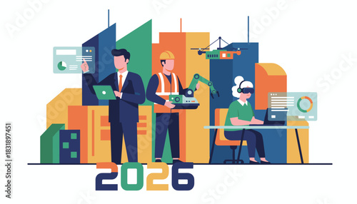 Futuristic illustration of digital work and innovation in 2026 using VR robots and data