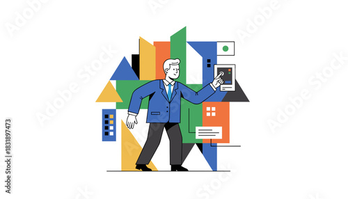 Businessman managing city development or data analysis within a geometric abstract landscape