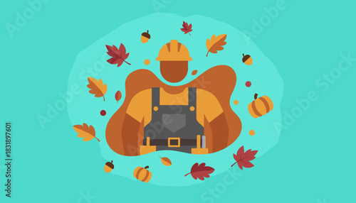 Seasonal worker in hard hat and overalls autumn harvest concept illustration