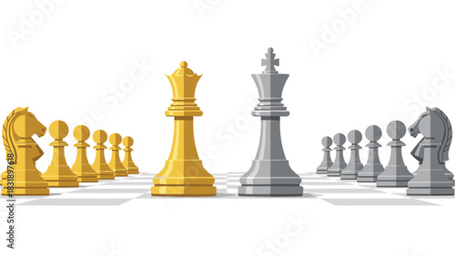 Golden chess team facing silver king illustrates leadership, strategy, and fierce competition in business or political games