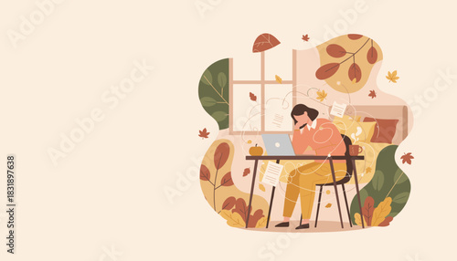 Woman stressed working remotely on laptop at cozy autumn home office desk with swirling tasks and leaves