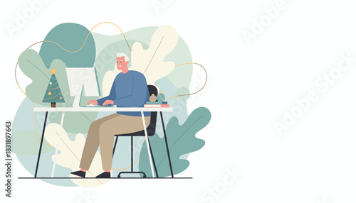 Senior man working on computer during Christmas holidays Remote work stress