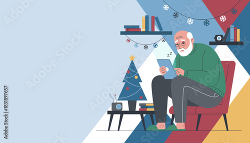 Tired senior man falls asleep using a tablet during Christmas representing aging and technology