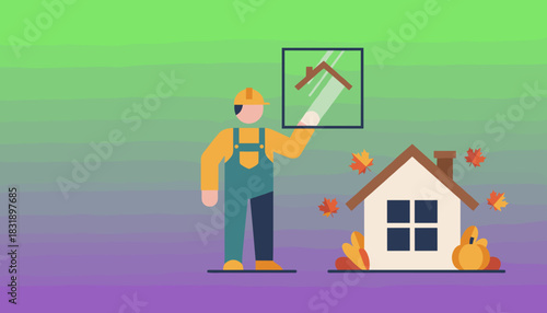 Fall home maintenance Worker installing a window on an autumn house