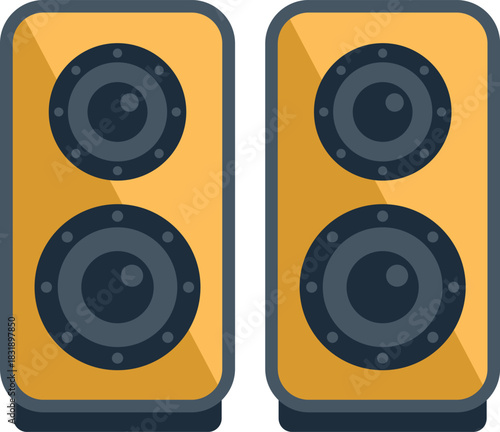 Two audio speakers are standing on a white background, playing music for listeners