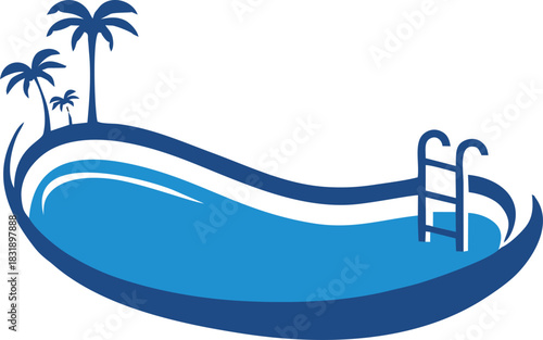 Blue Swimming Pool with Ladder and Tropical Palm Trees Vector